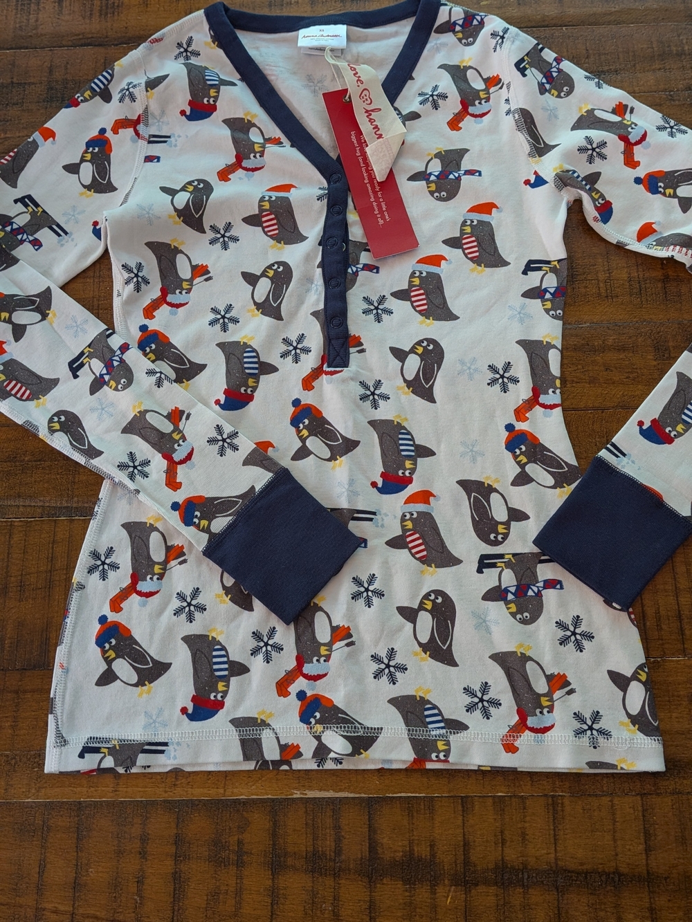 NWT Hanna Andersson Penguin Print Pajama Top, Organic Cotton, Women's XS